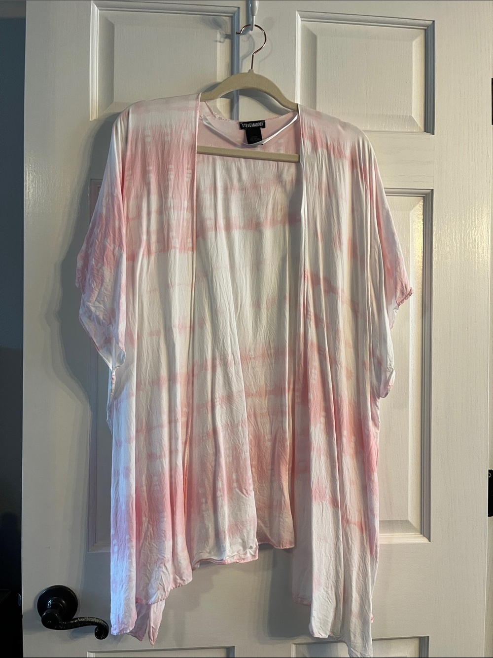 Steve Madden White and Pink Tie-Dye Open Front Kimono Cardigan
